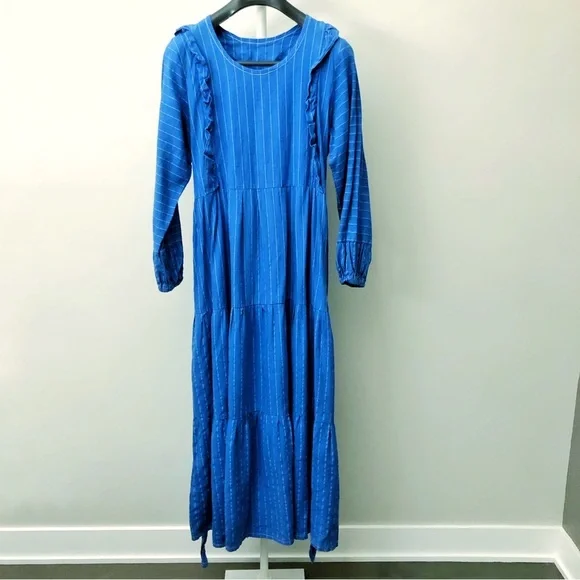 Vintage Oversized Boho Babydoll Navy Blue Stripes Casual Loose Fit Maxi Dress.XL - Picture 12 of 16